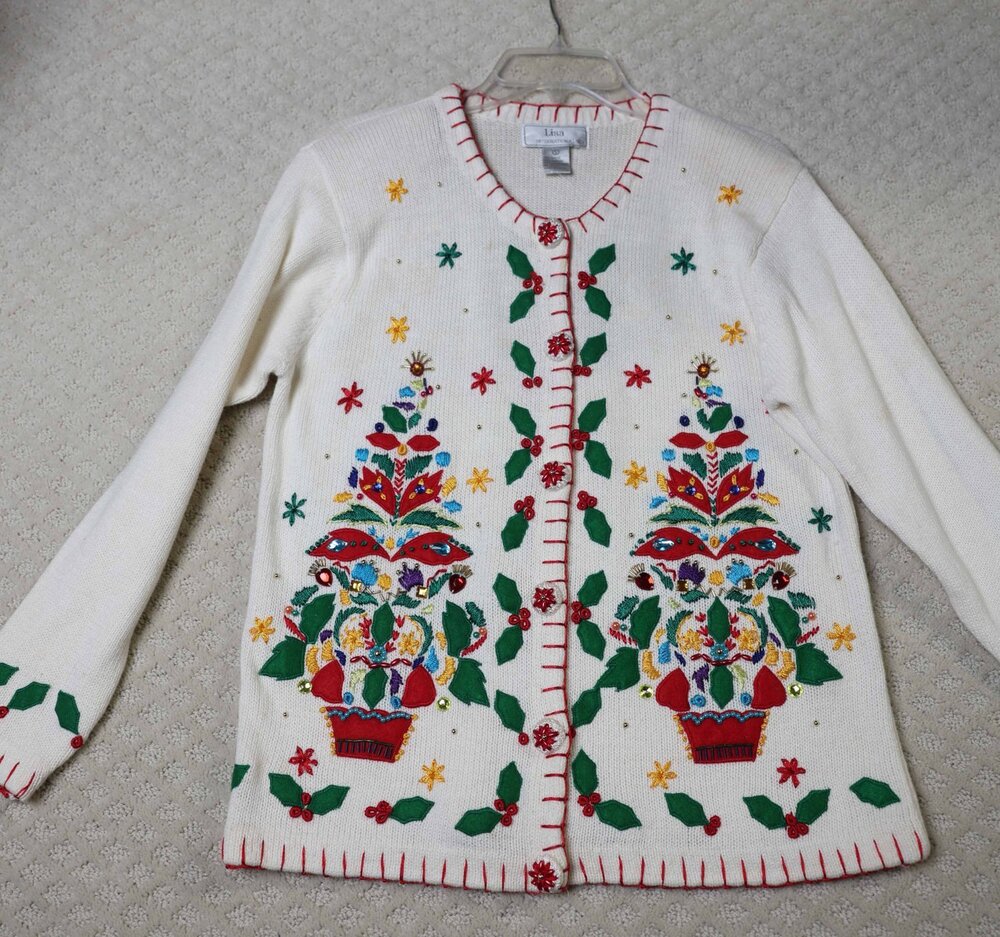 Lisa International Christmas Tree And Holly Sweater 1990s Womens Ivory Size S